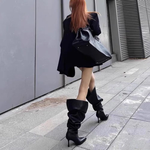 堆堆靴大筒围高跟长筒靴欧美辣妹尖头细跟美式过膝长靴高筒靴子女 - 图0