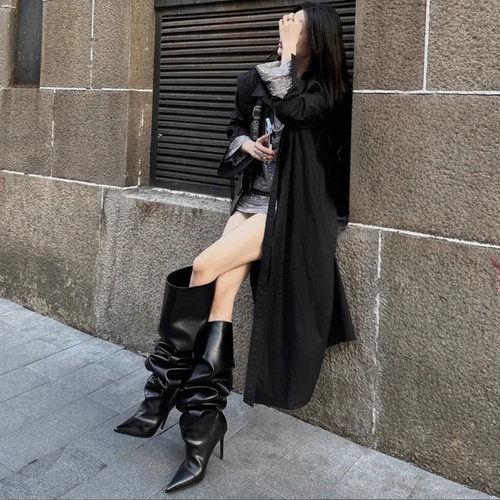 堆堆靴大筒围高跟长筒靴欧美辣妹尖头细跟美式过膝长靴高筒靴子女 - 图2