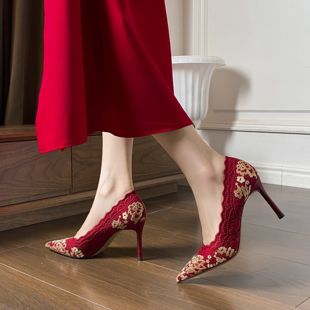 旗袍红色尖头细跟高跟鞋女2025新款刺绣中式秀禾敬酒服婚鞋新娘鞋,淘宝优惠券,粉丝福利购,淘宝优惠卷