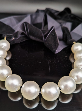 欧美夸张珍珠丝绒缎带蝴蝶结女颈链法式复古短项链穿搭旅拍配饰品