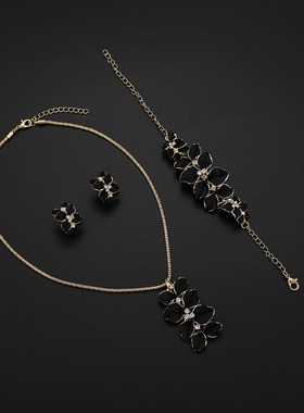 配饰黑色透明水钻吊坠项链耳环