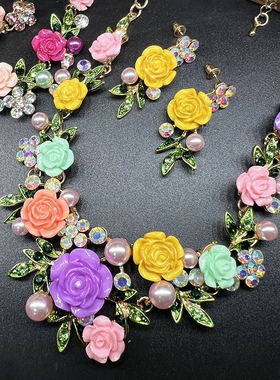 时尚小清新树脂花朵甜美锁骨项链耳环女气质百搭春夏连衣裙配饰品