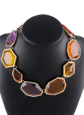 欧美夸张几何彩色树脂短项链耳环女气质百搭首饰套装网红潮搭配饰