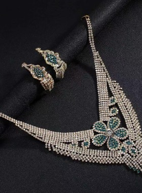 高级感奢华闪亮水钻花朵造型流苏耳环项链首饰套装新娘礼服装饰品