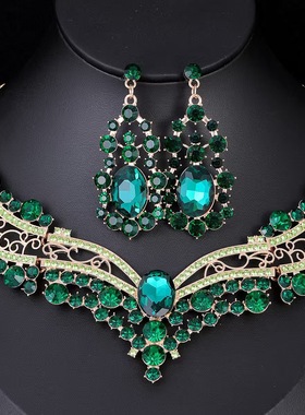 欧美时尚奢华皇冠水晶水滴项链耳环新娘礼服晚宴装饰品套链女配饰