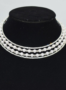 合金仿珍珠水钻水波链女多层项圈