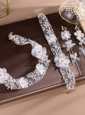 欧美蕾丝新娘耳夹花朵珍珠项链