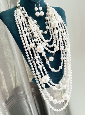欧美夸张多层手工串珠大小仿珍珠水晶珠中长毛衣链女奢华项链配饰