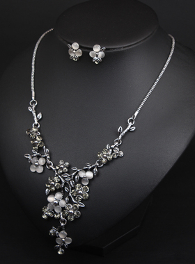 欧美两件套树脂花朵宝石项链耳环