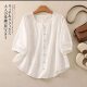 2025 ແບບຈີນ embroidered ຝ້າຍແລະ linen ເຄິ່ງແຂນເສື້ອສໍາລັບແມ່ຍິງ summer retro temperament ກວມເອົາທ້ອງ slim ເສື້ອ linen ບາງໆ
