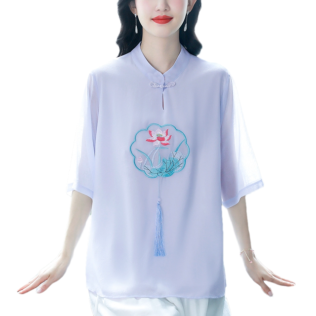 ເສື້ອຢືດ chiffon ເທິງແບບຈີນ embroidered ສໍາລັບແມ່ຍິງ