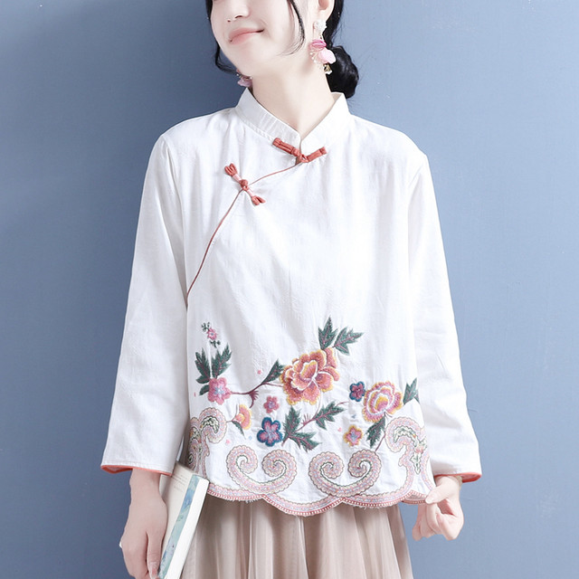 ຜ້າຝ້າຍວັນນະຄະດີ Retro ແລະເສື້ອ linen ປຸ່ມ embroidered ເສື້ອ
