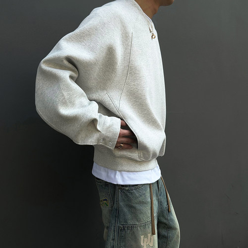 UNAps春季boxy格子拼接500克挺阔cleanfit短款圆领情侣卫衣男女潮 - 图0