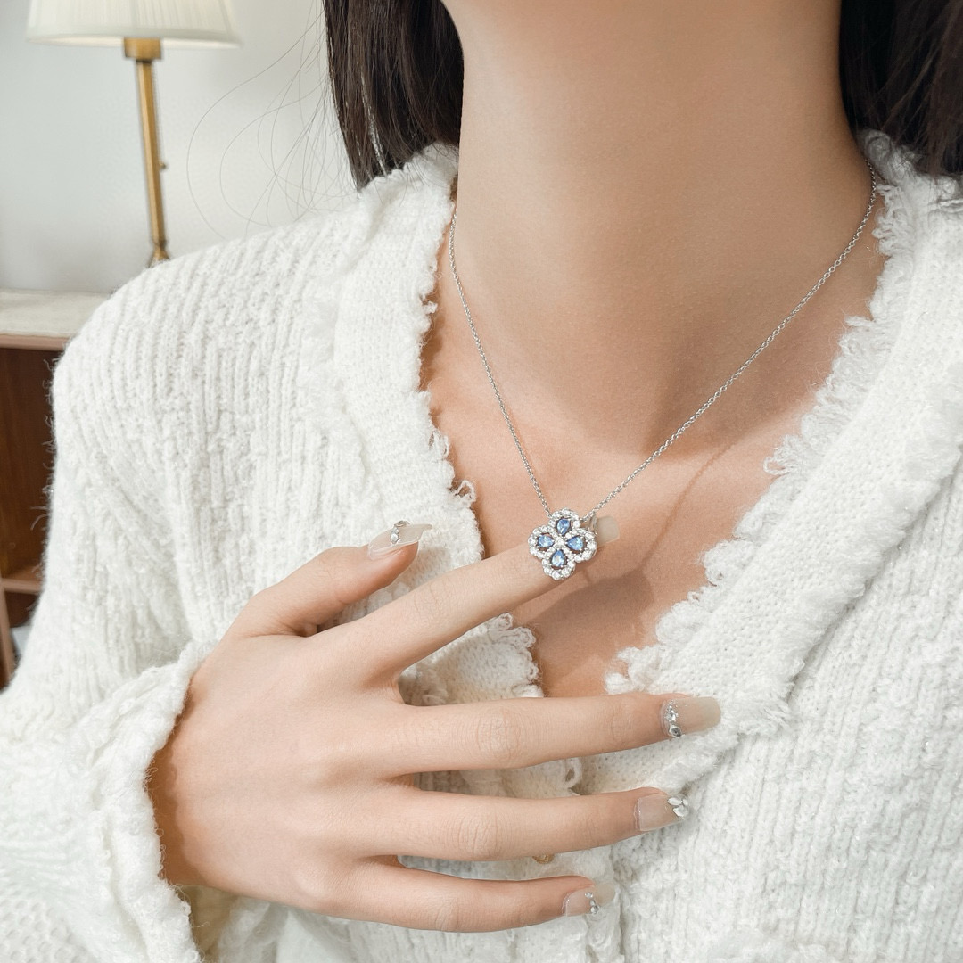 hw四叶草项链女925银loop水滴满钻吊坠轻奢高级名媛幸运草锁骨链 - 图1