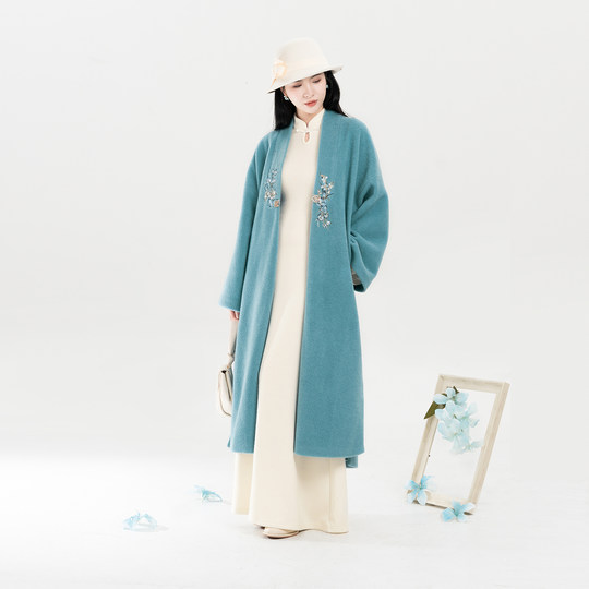 Отделение ткачества Hu Xinxue Han с элементом вышивки, простое двубортное шерстяное пальто, куртка, маленькое платье с длинными рукавами и воротником-стойкой для женщин