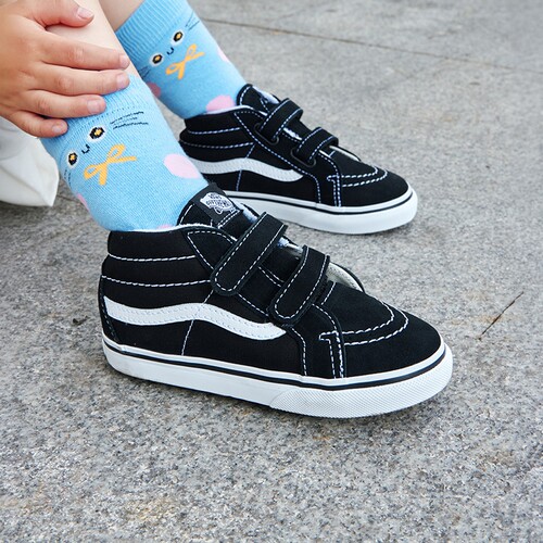 Vans范斯童鞋官方 SK8-Mid V黑色易穿魔术贴小童板鞋运动鞋 - 图0