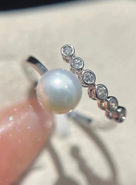 简约大气的排钻珍珠戒指6-7mm天然高品质淡水珍珠 开口可调节大小