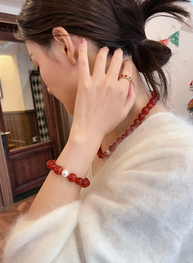 鸿运天然红玛瑙珍珠手链原创设计