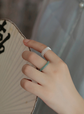 S925银蕾丝蓝水天然翡翠戒指指环