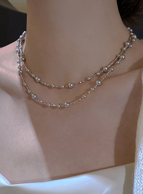 夜间星光施家铂金灰珍珠项链