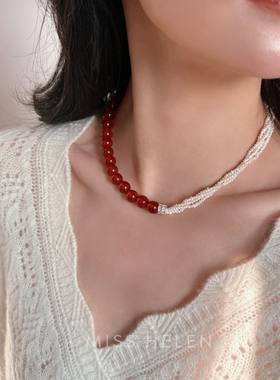 MISS HELEN 惊鸿红玛瑙珍珠拼接项链毛衣链锁骨链女配饰时尚简约