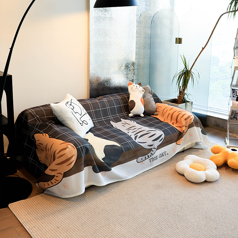 北欧卡通猫咪万能沙发盖布四季通用透气防滑防猫抓全包万能垫盖巾