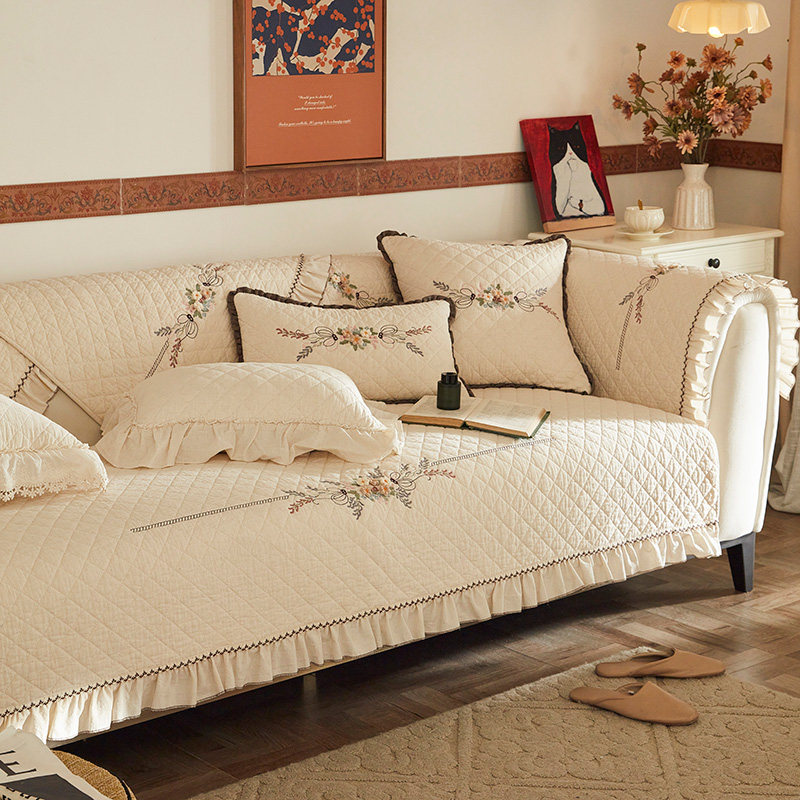 刺绣ins风沙发垫 法式复古棉麻亚麻质感沙发罩巾 四季通用可拆洗,淘宝优惠券,粉丝福利购,淘宝优惠卷