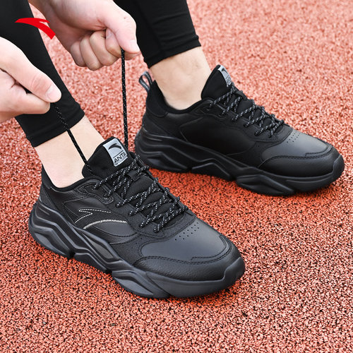 安踏男鞋运动鞋男2025新款官方正品男士皮面加绒保暖黑色爸爸鞋子 - 图0