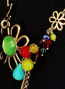 Vintage中古风vintage镂空花朵彩珠流苏不对称双层链项链欧美风