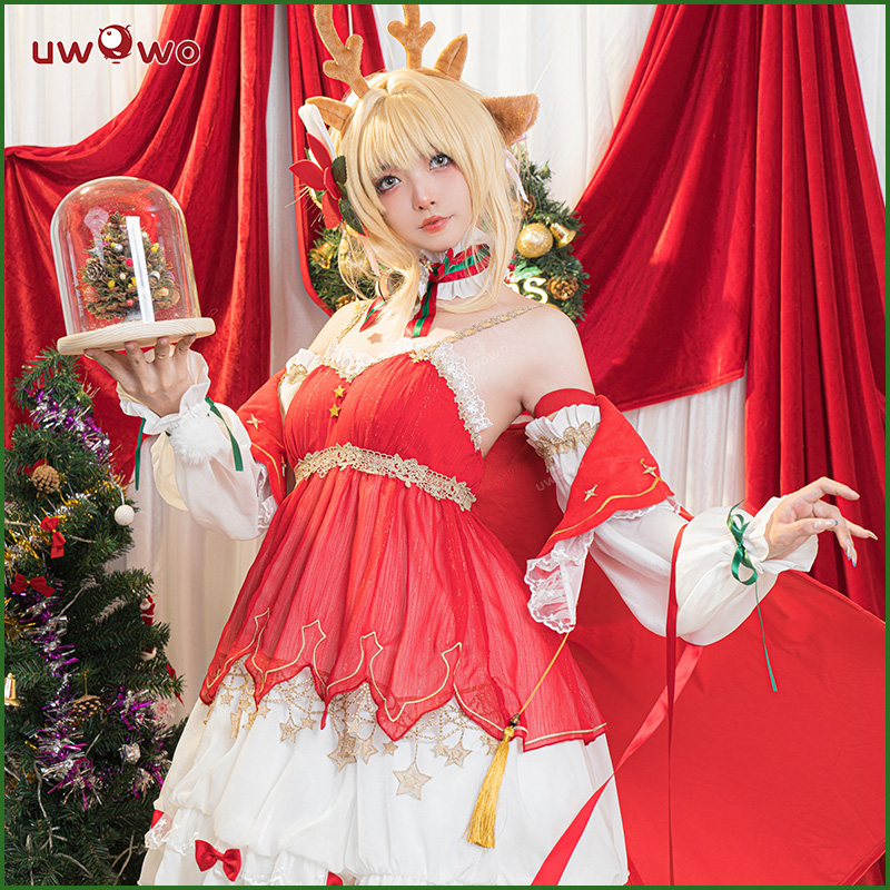 现货Uwowo悠窝窝原神旅行者荧同人圣诞节礼服cosplay服装女连衣裙-图0