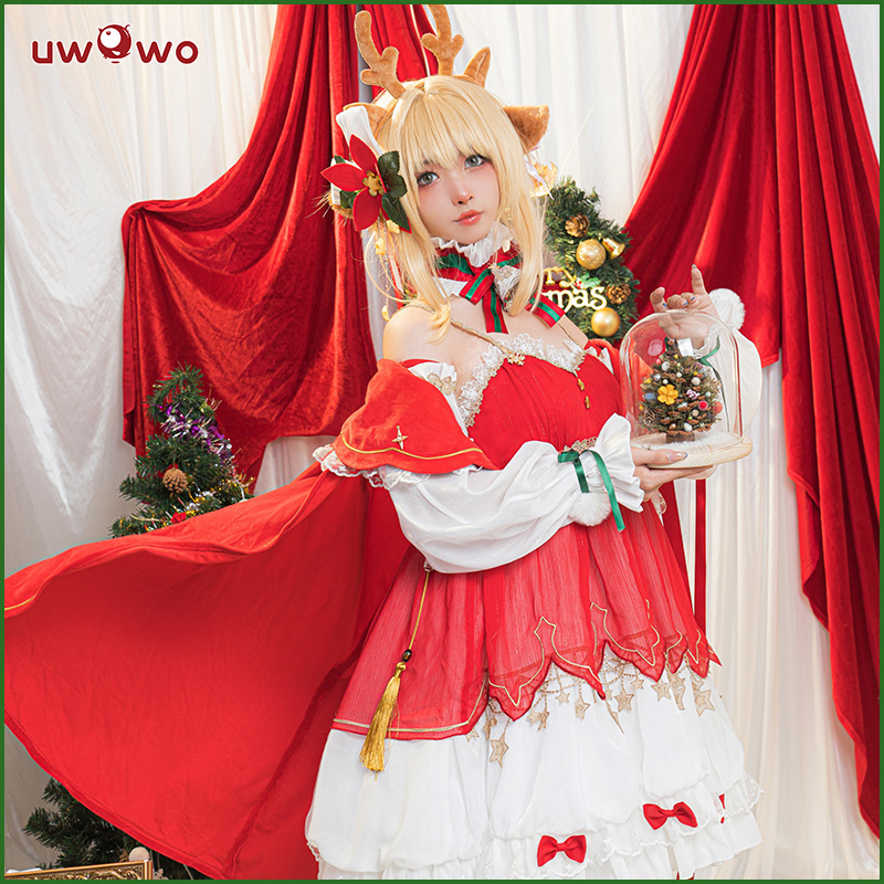 现货Uwowo悠窝窝原神旅行者荧同人圣诞节礼服cosplay服装女连衣裙-图1