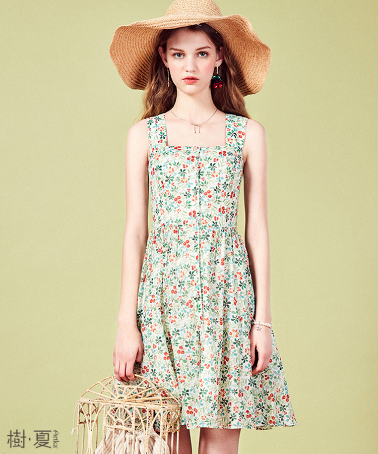 树夏2020新款女樱桃印花无袖连衣裙 树夏连衣裙