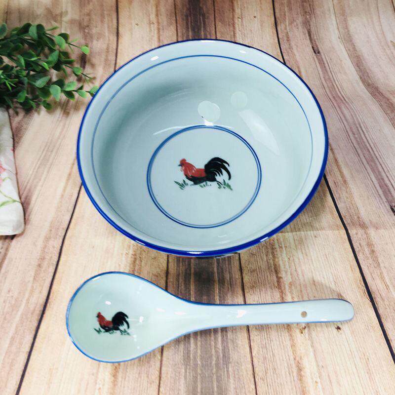 碗公鸡陶瓷青瓷釉8英寸汤碗怀旧老式加厚防烫蓝边饭碗鸡公碗拉面