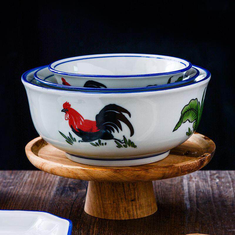 碗公鸡陶瓷青瓷釉8英寸汤碗怀旧老式加厚防烫蓝边饭碗鸡公碗拉面