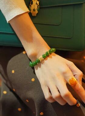 天然俄罗斯碧玉单圈球珠手镯和田玉菠菜绿色太阳绿色翡翠手镯新中