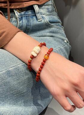 天然南红玛瑙满色满肉川料柿子红圆珠手链搭配猛犸象牙度母手串女