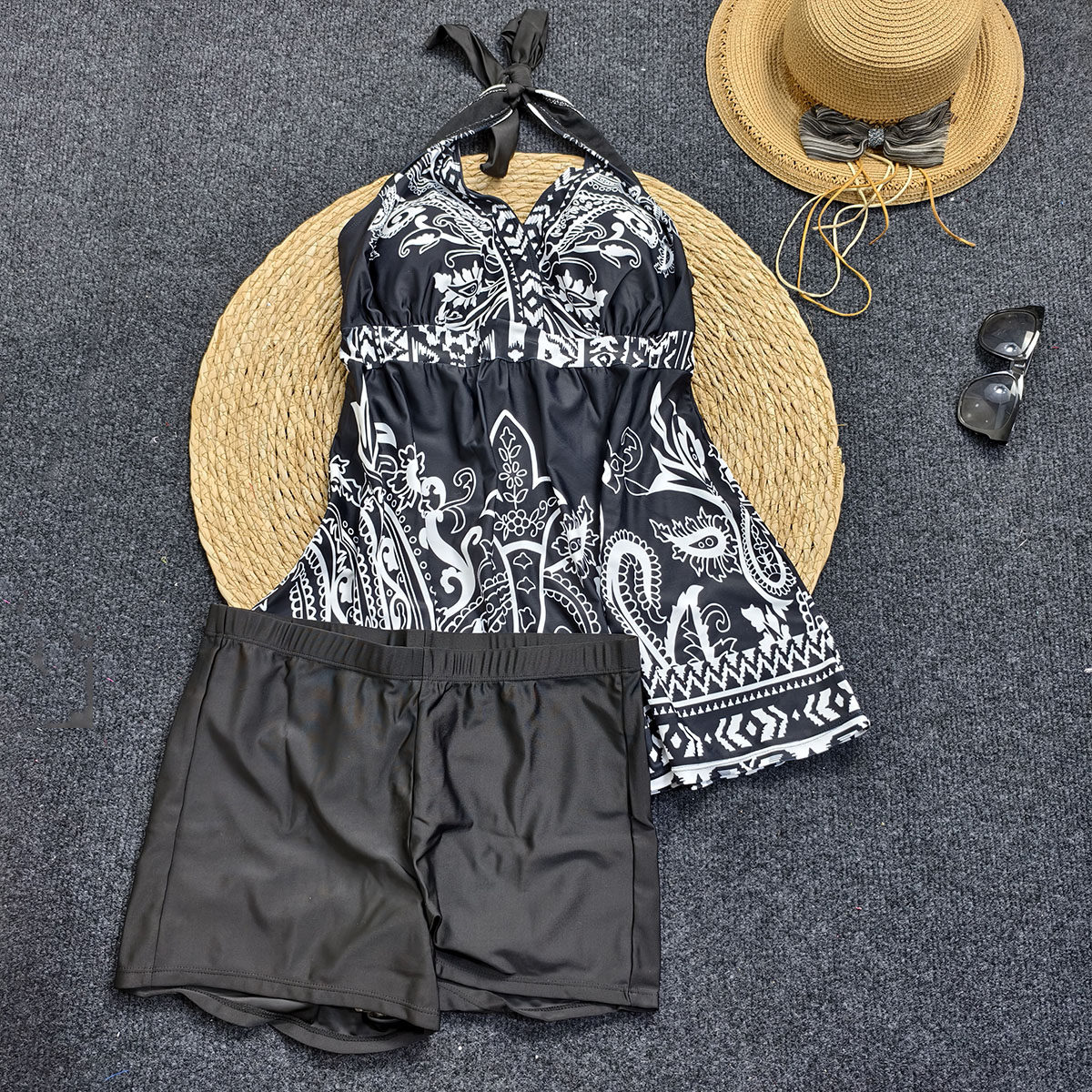 欧美大码泳衣套装挂脖绑带露背带胸垫分体泳装防走光平角裤两件套,淘宝优惠券,粉丝福利购,淘宝优惠卷