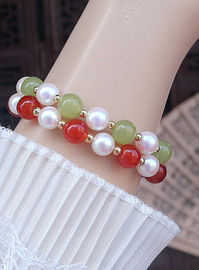 新中式红玛瑙珍珠手链绿玉髓手串
