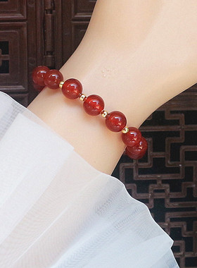 新中式红仿玉石串珠绿色手链男女黑色简约镀18k手串轻奢情侣手饰