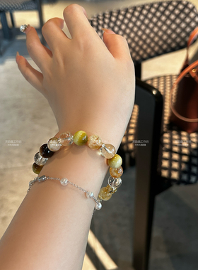 天然水晶转运珠手串女招财黄水晶黄阿塞复古手饰虎眼石发晶手链