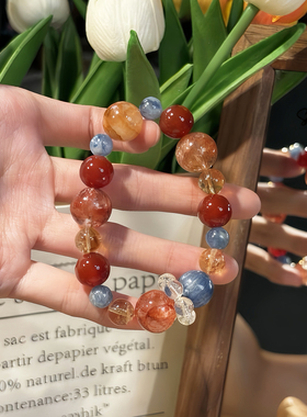 天然多宝蓝晶石红胶花水晶手串时尚多巴胺手链小众设计送女友礼物