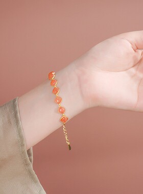 藕粉和田玉小方糖手链女S925纯银新中式国潮高级感玉石手饰品