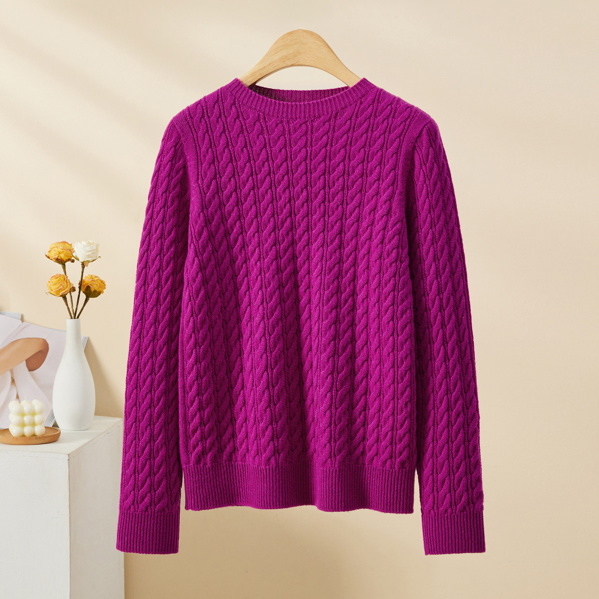 100%山羊绒秋冬圆领绞花高级感宽松厚款内搭保暖洋气女羊绒衫108,淘宝优惠券,粉丝福利购,淘宝优惠卷