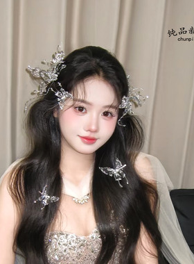 超仙轻奢新娘银色水凝滴胶蝴蝶夹