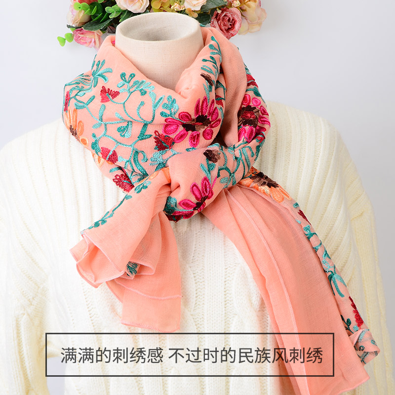 秀奴曼旗舰店棉麻围巾女夏款绣花百搭民族风复古刺绣长款薄丝巾防晒沙滩巾两用0