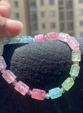 安娜珠宝甄选 天然马卡龙碧玺回纹珠手链 彩虹碧玺 晶体通透 女款