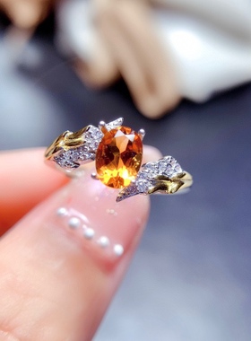 s925银饰戒指空托椭圆形5*7mm女时尚个性轻奢指环开口戒子镶黄晶