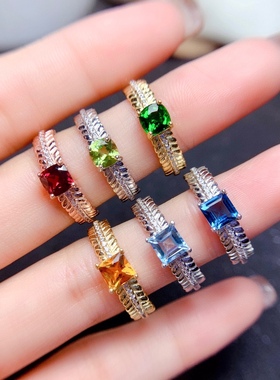 s925银镀金戒指空托欧美气质大气时尚方形透辉托帕橄榄石黄水晶托