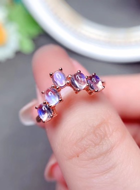 s925银饰戒指空托椭圆形简单排戒托3*4MM镶蓝月光彩宝活口戒指女