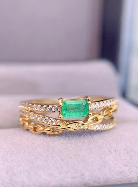 s925银饰戒指空托长方形3*5mm4*6时尚个潮女宽戒臂镶祖母绿彩宝